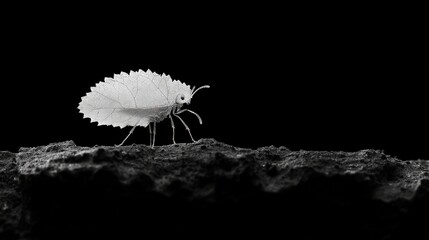 White insect resembling a leaf walking on dark surface
