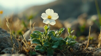 White flower blooming on rocky ground in nature