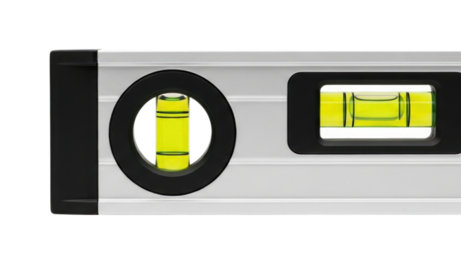 High precision spirit level tool with bright vials for accurate measurements on job sites transparent background, cutout PNG