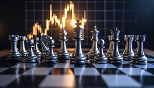 Chess pieces on a board, financial chart background (1)