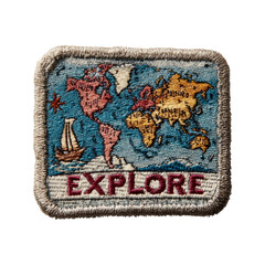 Fototapeta premium Vintage Explore Patch with World Map and Sailboat Design