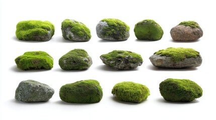 Collection of twelve textured moss covered rocks and stones arranged in three rows on a white background