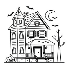 Black and white illustration of a haunted house with bats and a pumpkin halloween
