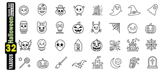 Black and white line art icons for Halloween featuring ghosts pumpkins bats and spooky houses