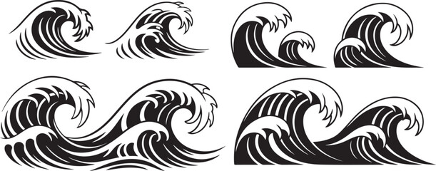 Collection of stylized black and white ocean wave illustrations