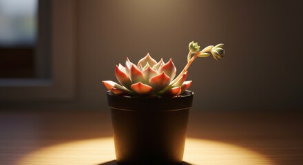 Close up of a succulent plant in a dark pot with soft light illuminating it