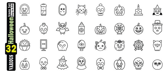 Black and white line art icons for Halloween featuring pumpkins bats skulls cats and witches