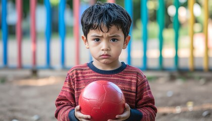 Upset little boy standing alone at the playground with a red ball, a portrait depicting childhood loneliness and sadness.