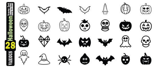 Collection of 28 Halloween Icons Featuring Pumpkins Bats Ghosts and Skulls vector