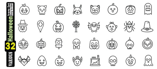 Collection of 32 Halloween themed black line art icons on white background symbols