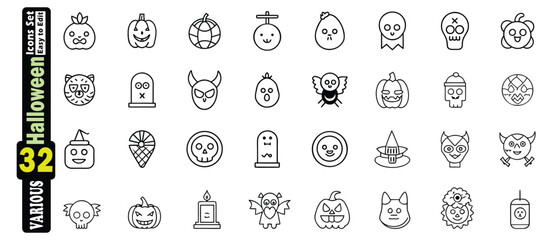 Collection of 32 black and white Halloween themed line art icons symbols