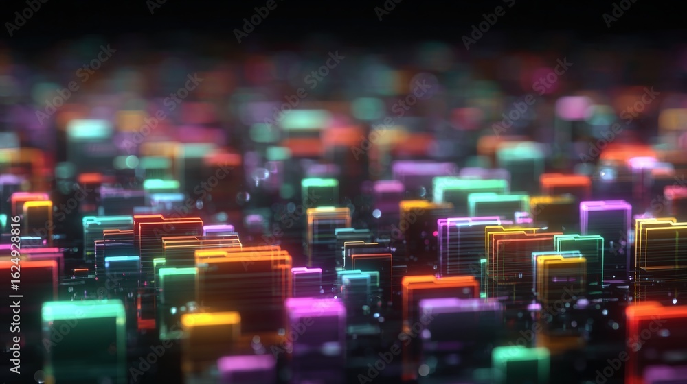Poster abstract network grid with files and folders, futuristic software interface, digital document manage