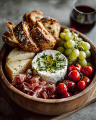 Festive Autumn Grazing Board with Seasonal Fruits, Wine, and Cheese on Rustic Table