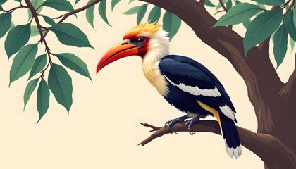 Fototapeta premium Colorful Tropical Hornbill Bird Sitting on Tree Branch Among Green Foliage in Natural Habitat
