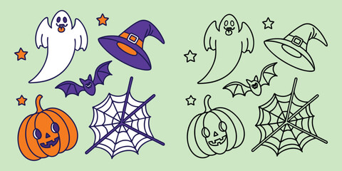 Cute Halloween characters ghost bat pumpkin witch hat spider web and stars vector