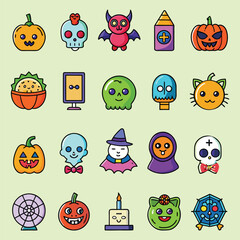 Cute Halloween characters including pumpkins bats skulls ghosts and witch jack o lantern