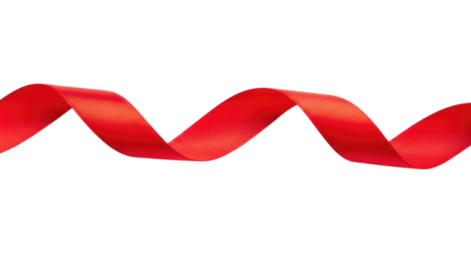 Red satin ribbon elegantly twisted and flowing in a zigzag pattern isolated on transparent bg, cutout png