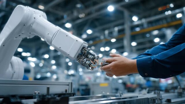 A collaborative robot arm assists a human technician on a well-lit factory floor, showcasing seamless teamwork and advanced industrial automation.