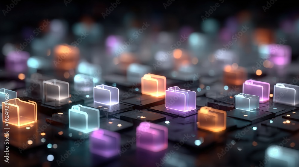 Poster abstract network grid with files and folders, futuristic software interface, digital document manage