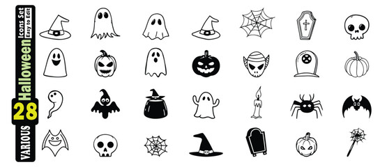 Halloween icons set with ghosts pumpkins bats skulls spiders and witches hats vector
