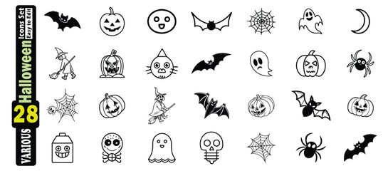 Halloween icons set with bats pumpkins ghosts spiders witches and moon vector
