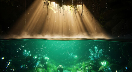A magical split-view of an enchanted grotto with sunbeams illuminating a secret underwater crystal realm.
