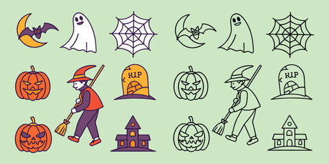 Halloween icons with pumpkins ghosts bats moon spiderwebs witches and haunted houses