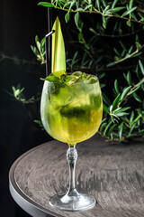 Refreshing green cocktail with mint leaves and tropical garnish in a chilled goblet. copy space