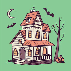 Spooky cartoon haunted house with bats moon and pumpkin halloween illustration
