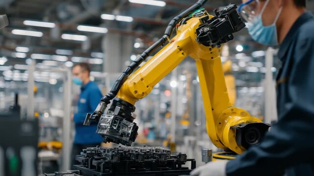 A robotic arm collaborates with a human assembler in a safe, efficient manufacturing process.