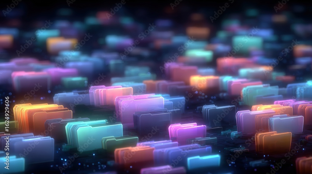 Poster abstract network grid with files and folders, futuristic software interface, digital document manage