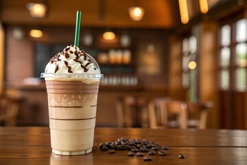 A starbucks frappuccino with whipped cream and chocolate drizzle on a wooden table with coffee beans
