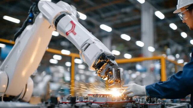 A robotic arm collaborates with a human assembler for efficient and safe manufacturing, emphasizing safety with protective gear.