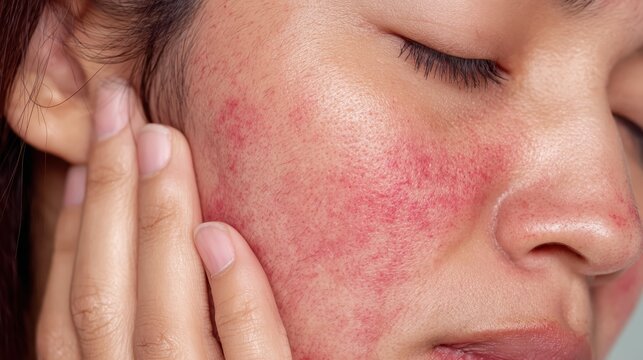 Close up view showing woman touching cheek, highlighting rosacea symptoms including facial redness, skin flushing, and prominent blood vessel patterns