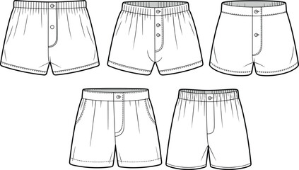 Boxer shorts cad drawing flat vector illustration, men underwear fashion template, front view technical sketch, button fly boxer shorts design