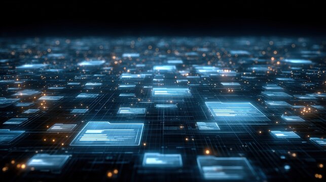 Abstract network grid with files and folders, futuristic software interface, digital document management system, store, search and organize documents, corporate business, paperless office
