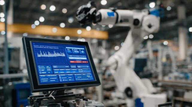 A close-up of a collaborative robot's display screen reveals real-time data as humans adjust settings in a cutting-edge industrial setting.