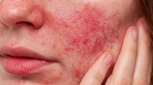 Close up of woman with rosacea showing reddened skin, inflamed complexion, prominent blood vessels, gently touching affected facial area with fingertips