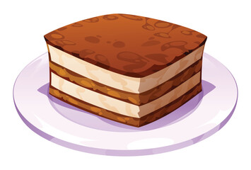 Italian tiramisu cake with coffee and cocoa powder. Vector cartoon illustration