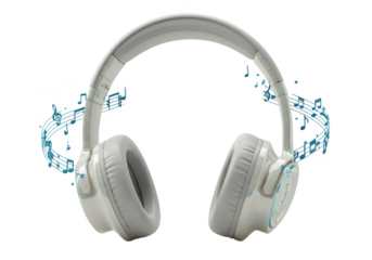 Photo of a white headphone is surrounded by swirling blue musical notes, creating a harmonious blend of sound and style, isolated on transparent background