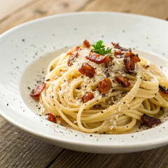 Realistic photo of creamy spaghetti carbonara with bacon and parmesan cheese