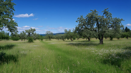 Fototapeta premium Traditional orchard meadows support rich biodiversity, often used for planting fruit trees, grazing, or haymaking. Due to their ecological value, they are usually protected and cannot be developed.