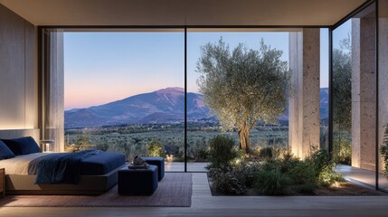 Fototapeta premium Modern bedroom with expansive views of a serene landscape.