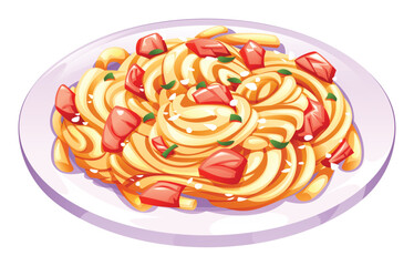 Spaghetti carbonara with pieces of fresh meat and herbs on a plate. Vector cartoon illustration