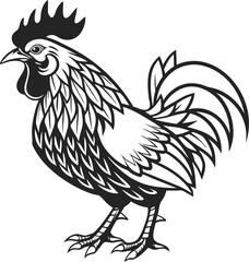 Monochrome Silhouette of a Rooster with Detailed Plumage, Crest, and Tail Feathers, Standing Proudly in a Vector Art Style