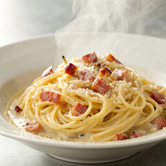 Realistic photo of creamy spaghetti carbonara with bacon and parmesan cheese