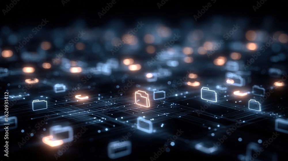 Poster abstract network grid with files and folders, futuristic software interface, digital document manage
