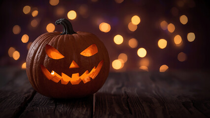 Fototapeta premium Glowing Jack-o'-lantern on a rustic wooden surface