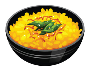 Delicious risotto with saffron and parmesan cheese in a black bowl. Vector cartoon illustration