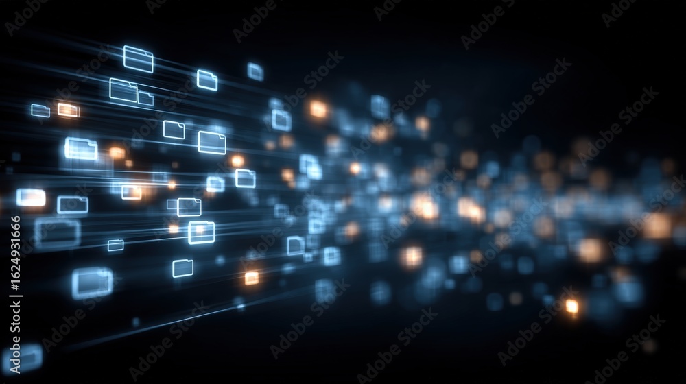 Poster abstract network grid with files and folders, futuristic software interface, digital document manage